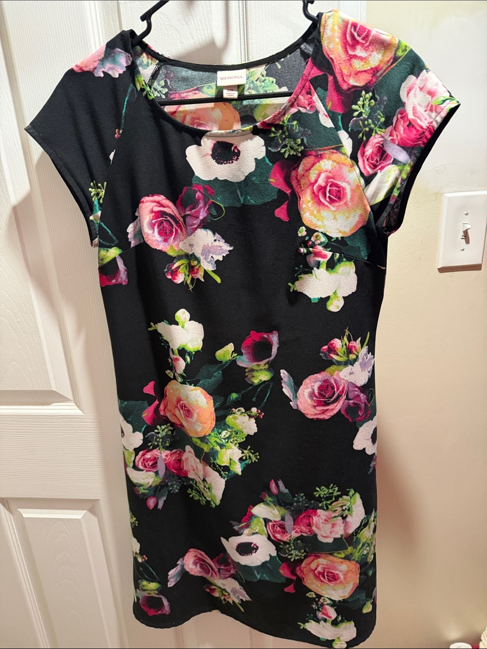 Merona Black Floral Midi Dress with Pink and Green Accents